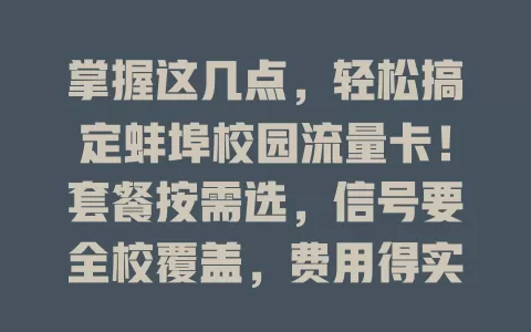 掌握这几点，轻松搞定蚌埠校园流量卡！套餐按需选，信号要全校覆盖，费用得实惠，服务质量也不能差，综合考量挑到最适合的卡，让校园网络更顺畅