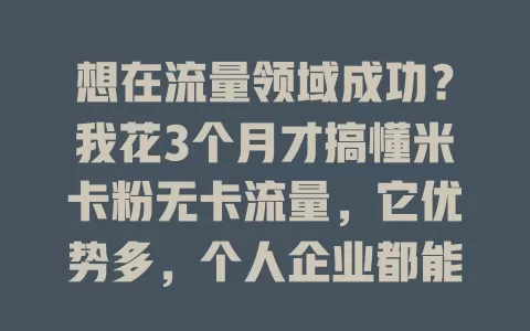 想在流量领域成功？我花3个月才搞懂米卡粉无卡流量，它优势多，个人企业都能用，快来关注深入了解！