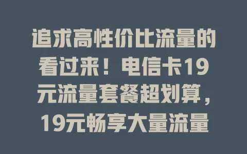 追求高性价比流量的看过来！电信卡19元流量套餐超划算，19元畅享大量流量，满足多样需求，网络质量有保障，别犹豫，赶紧选它开启畅快网络生活！