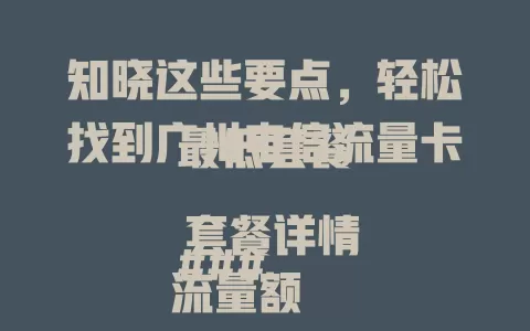 知晓这些要点，轻松找到广州电信流量卡最低套餐

### 套餐详情
流量额度精准规划，满足日常上网，费用明晰月租低。

### 适用人群
轻度上网用户首选，中老年人、学生用着超合适。

### 优势凸显
网络稳、服务好、性价比高，优于其他类似套餐。

### 注意事项
留意流量范围、免流应用、有效期及续约规则