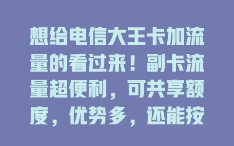想给电信大王卡加流量的看过来！副卡流量超便利，可共享额度，优势多，还能按需规划，让网络生活更顺畅
