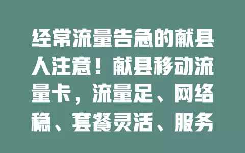经常流量告急的献县人注意！献县移动流量卡，流量足、网络稳、套餐灵活、服务贴心，解决你的流量烦恼，畅享数字生活