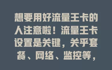 想要用好流量王卡的人注意啦！流量王卡设置是关键，关乎套餐、网络、监控等，做好设置，畅享便利，远离流量浪费与费用超支