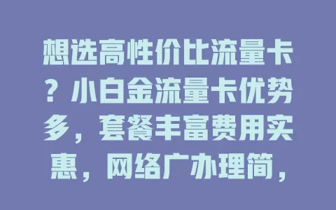 想选高性价比流量卡？小白金流量卡优势多，套餐丰富费用实惠，网络广办理简，选时留意详情售后，助你畅享上网时光