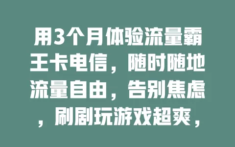 用3个月体验流量霸王卡电信，随时随地流量自由，告别焦虑，刷剧玩游戏超爽，快试试！