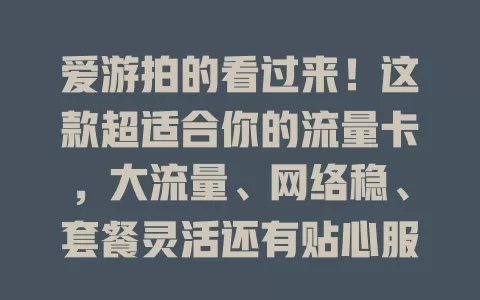 爱游拍的看过来！这款超适合你的流量卡，大流量、网络稳、套餐灵活还有贴心服务