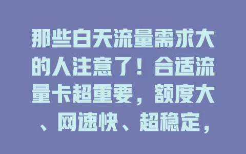 那些白天流量需求大的人注意了！合适流量卡超重要，额度大、网速快、超稳定，上百GB流量畅享白天，工作学习娱乐更便捷高效
