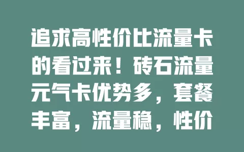 追求高性价比流量卡的看过来！砖石流量元气卡优势多，套餐丰富，流量稳，性价比高，是流量卡市场佼佼者，值得考虑！