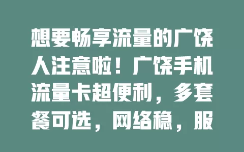 想要畅享流量的广饶人注意啦！广饶手机流量卡超便利，多套餐可选，网络稳，服务贴心，能满足不同人群需求，是手机上网优质之选