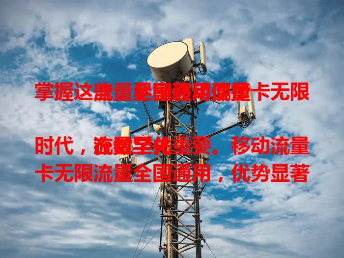 掌握这些，尽享移动流量卡无限流量全国通用便捷

在数字化时代，流量至关重要。移动流量卡无限流量全国通用，优势显著。无限流量免担忧，随心刷剧听歌等。全国通用超方便，出差旅行皆无忧。稳定信号少卡顿，移动办公娱乐爽，快来体验！