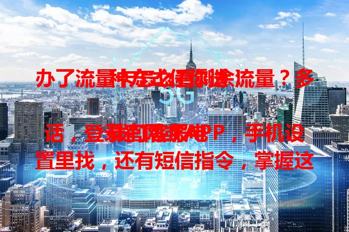 办了流量卡怎么看剩余流量？多种方式任你选！

拨打客服电话，登录官网或APP，手机设置里找，还有短信指令，掌握这些方法，合理规划流量，畅享网络生活！