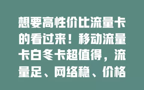 想要高性价比流量卡的看过来！移动流量卡白冬卡超值得，流量足、网络稳、价格实惠，偏远地区也有信号，客服完善，用卡体验超棒！