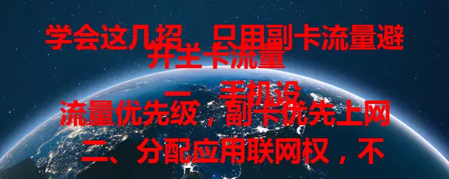 学会这几招，只用副卡流量避开主卡流量
  一、手机设流量优先级，副卡优先上网
  二、分配应用联网权，不常用的用副卡
  三、区分场景选卡，合理利用流量资源
  四、留意流量消耗，及时调整使用习惯