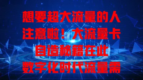 想要超大流量的人注意啦！大流量卡自造秘籍在此

数字化时代流量需求高，传统套餐难满足。自造大流量卡，先明需求，再看运营商套餐优势，结合自身搭配。关注优惠与叠加包，用心规划就能有高性价比卡，畅享数字生活便利