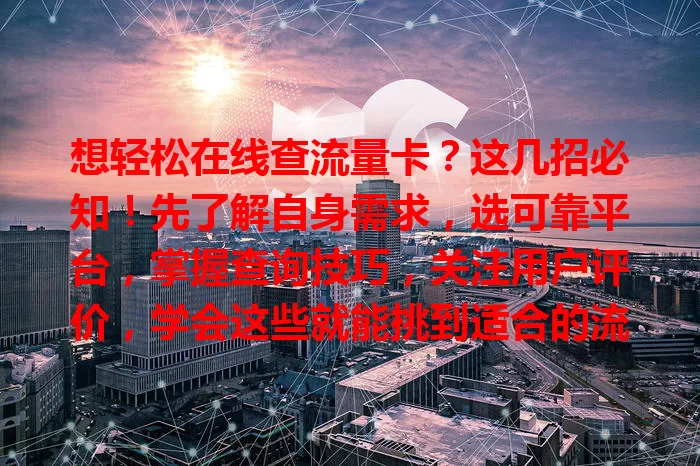 想轻松在线查流量卡？这几招必知！先了解自身需求，选可靠平台，掌握查询技巧，关注用户评价，学会这些就能挑到适合的流量卡，畅享便捷网络生活